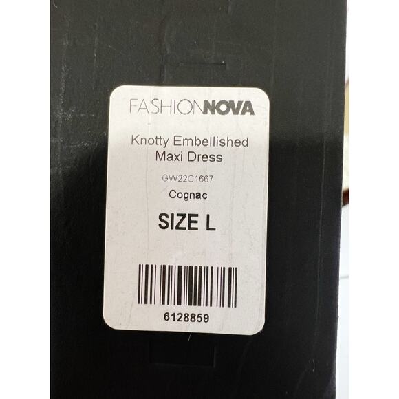 Fashion Nova Luxe NWT Knotty Embellished Bodycon Maxi Dress Cognac Brown Size L - Picture 12 of 14